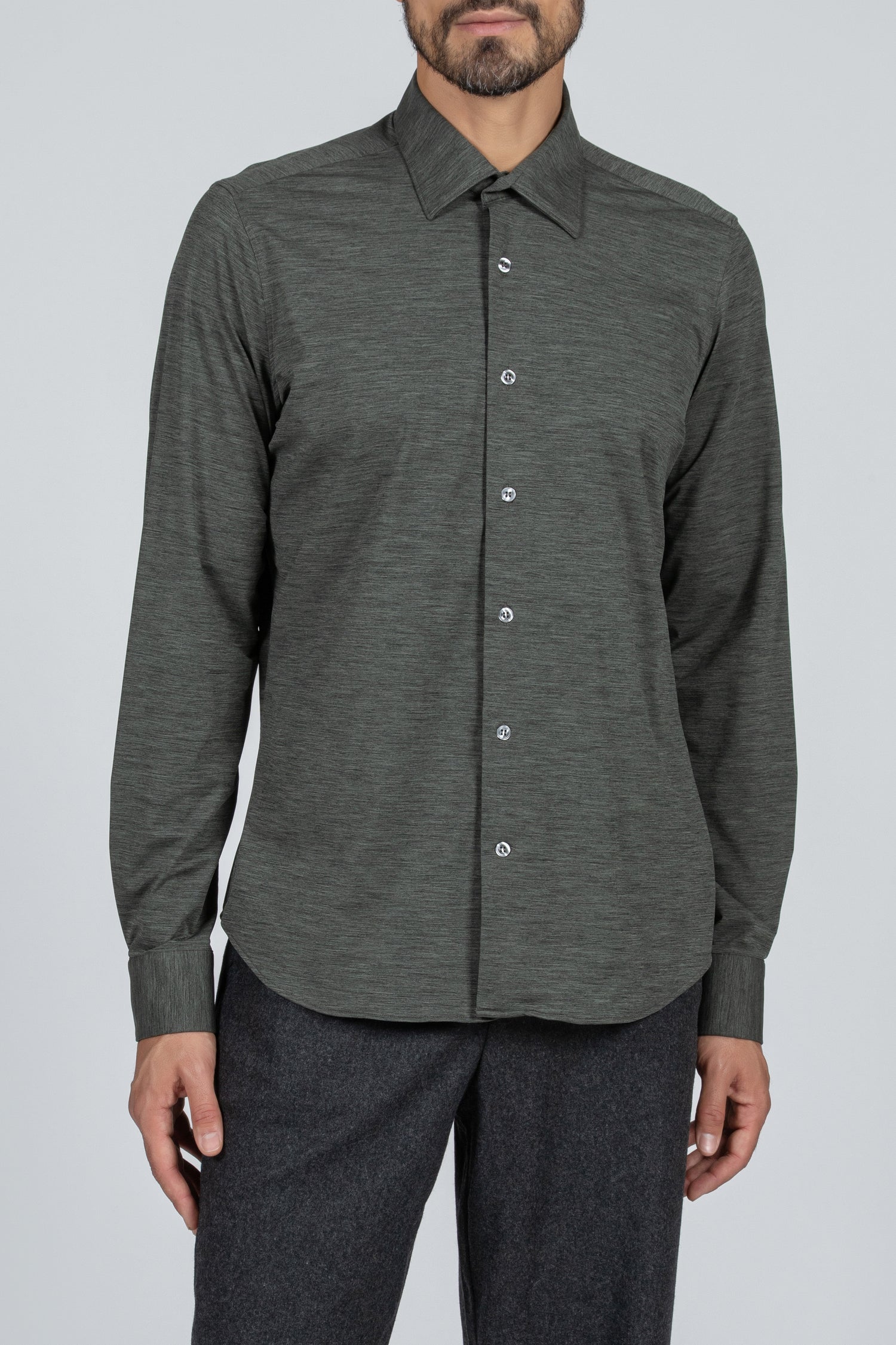 Active men's shirt, solid green melange, Italian collar