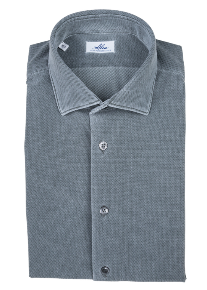 Camisa de hombre Active lisa lavada verde, cuello francés