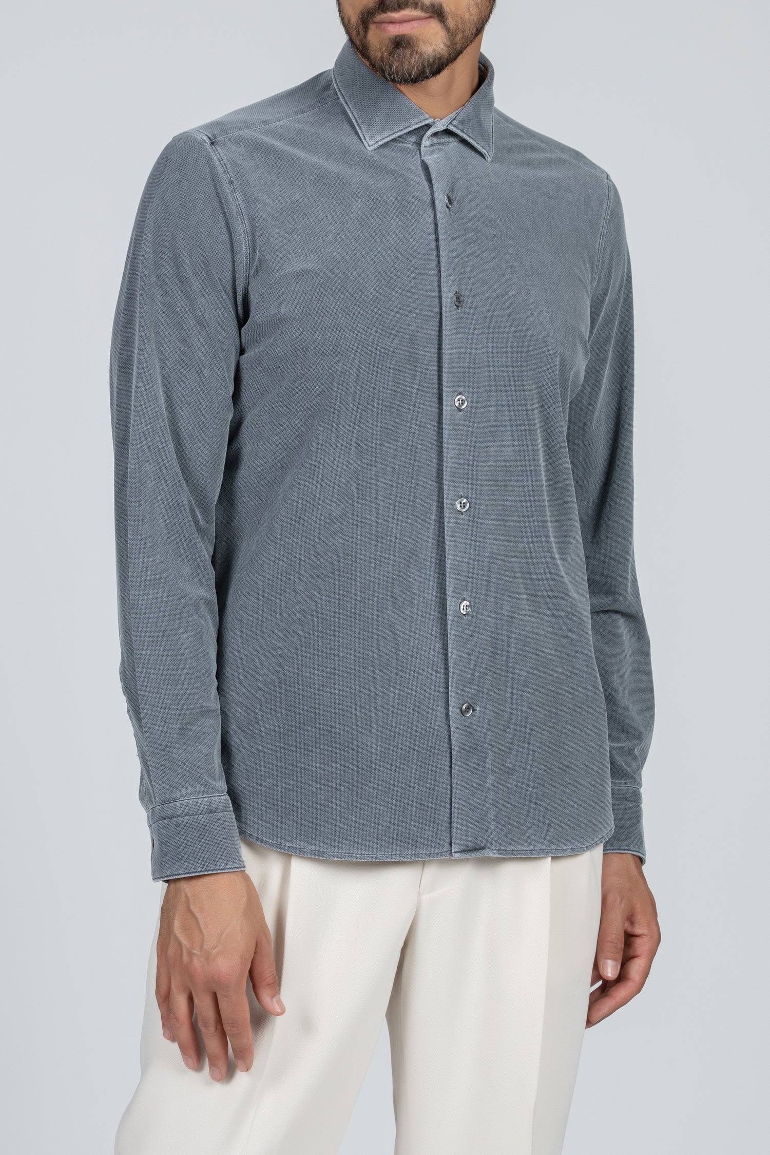 Active men's shirt, solid color, faded blue, French collar