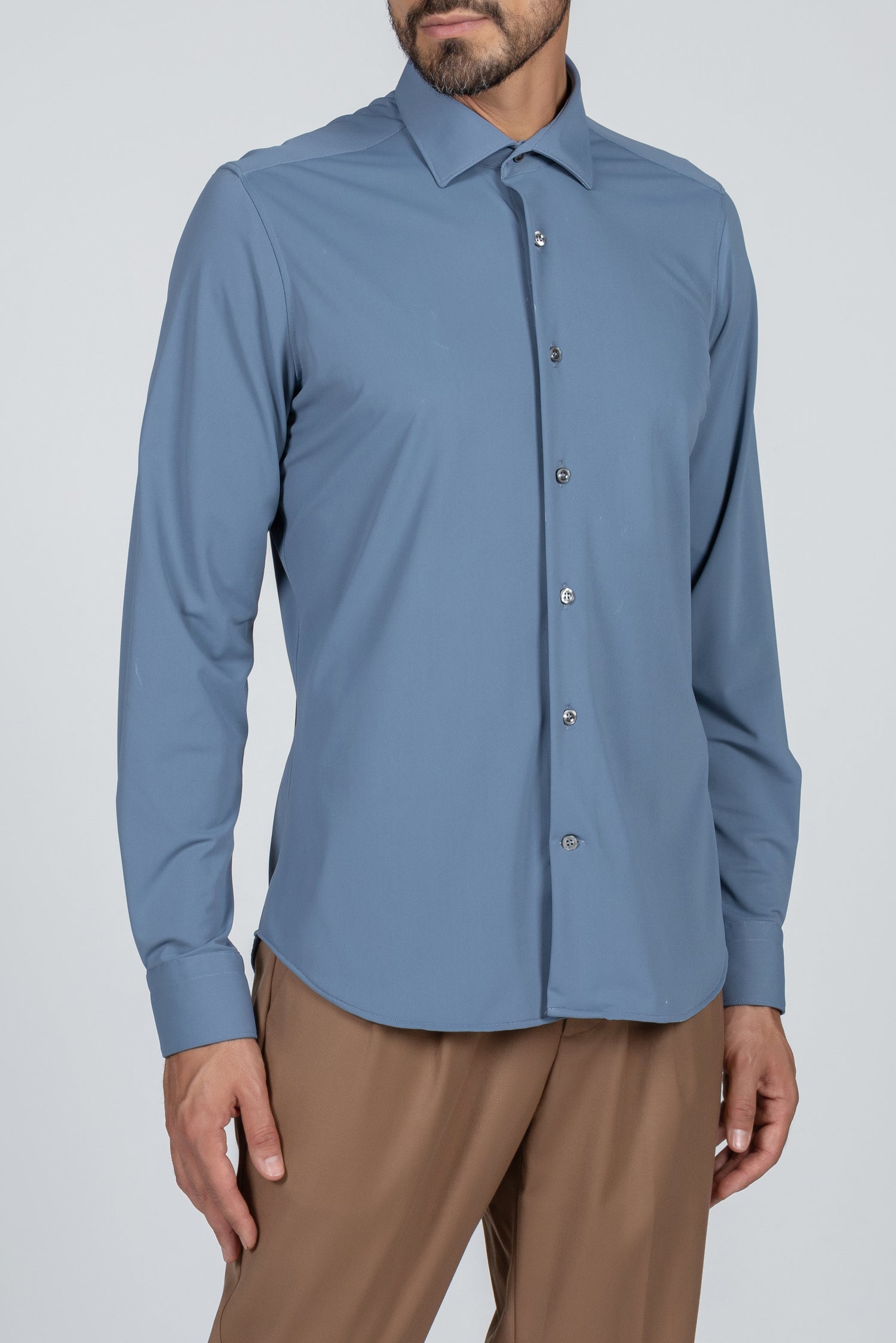 Active men's shirt, solid blue, French collar