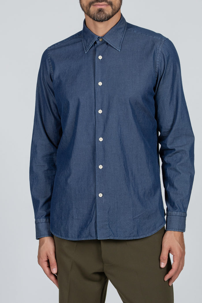 Camisa de hombre Giza Evolution denim doble retorcido azul, cuello francés