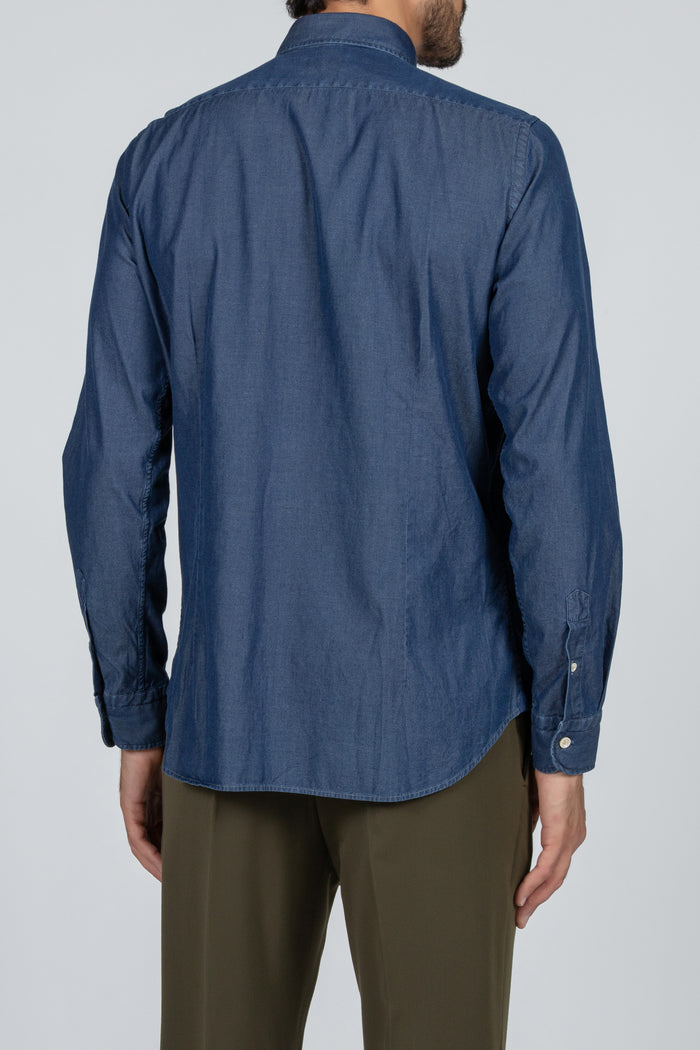 Camisa de hombre Giza Evolution denim doble retorcido azul, cuello francés