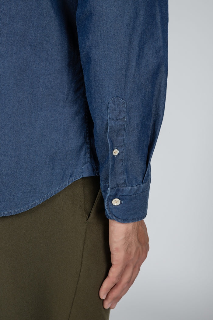 Camisa de hombre Giza Evolution denim doble retorcido azul, cuello francés