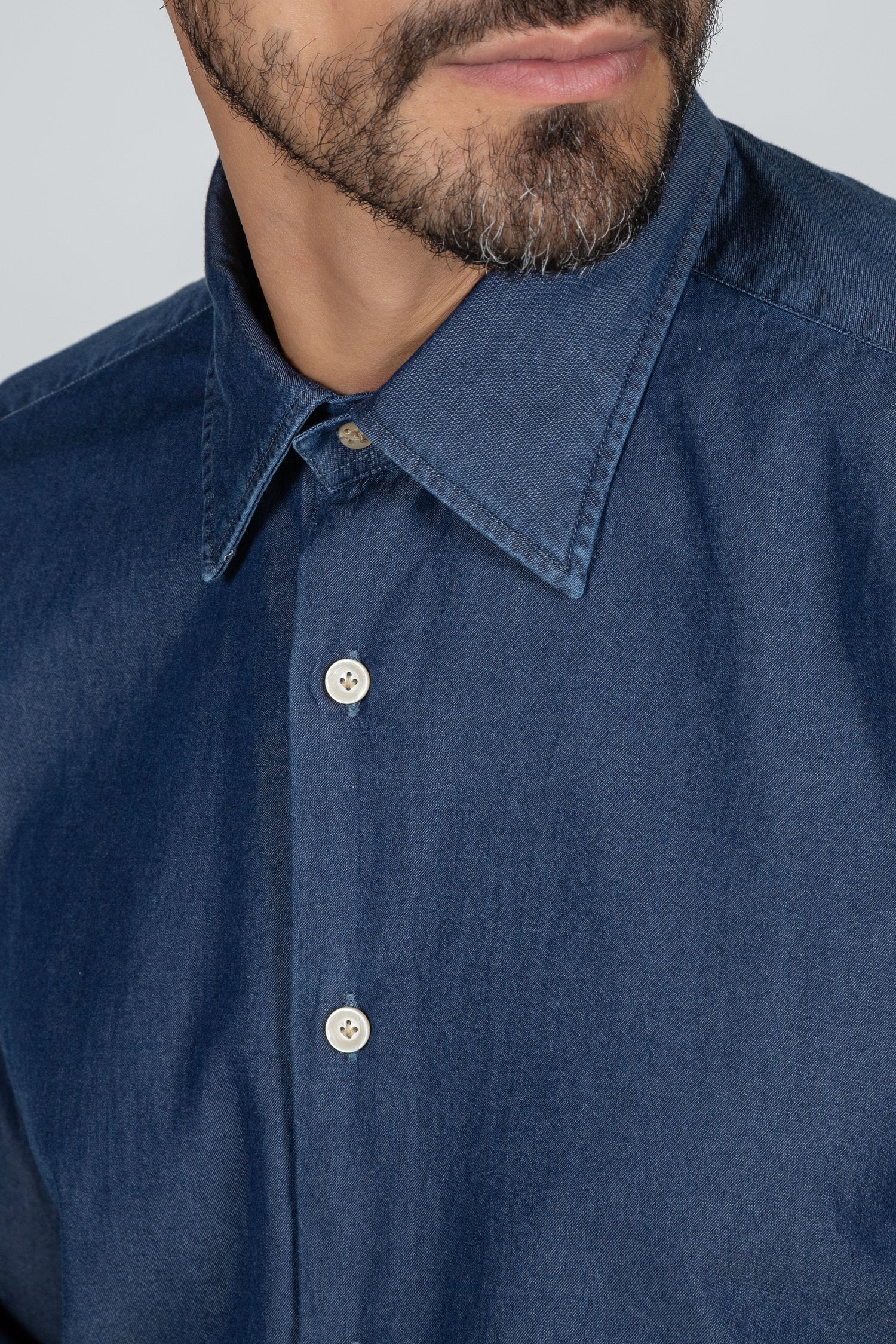 Camicia da uomo Giza Evolution denim doppio ritorto blue, collo francese