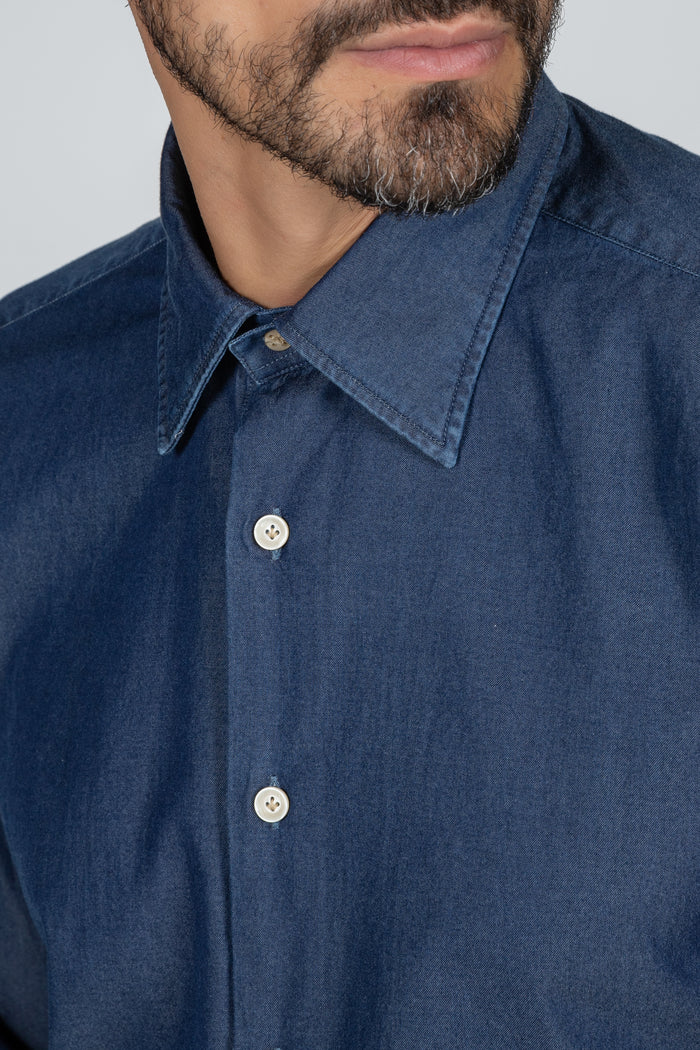 Camisa de hombre Giza Evolution denim doble retorcido azul, cuello francés