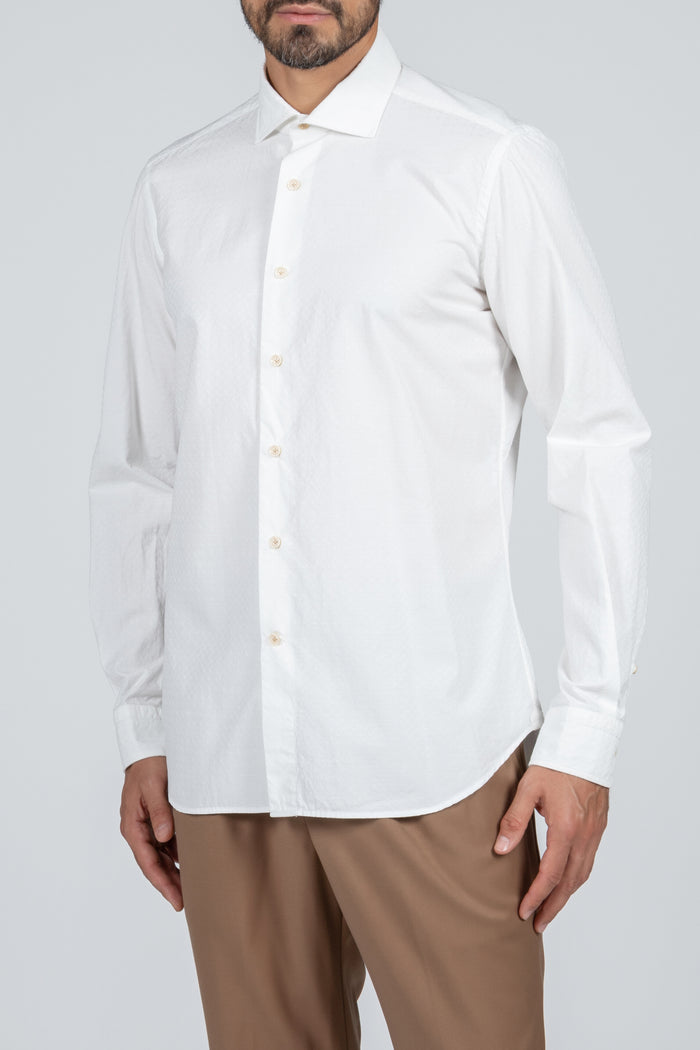 Camisa de hombre Giza Evolution falso liso jacquard marfil, cuello francés