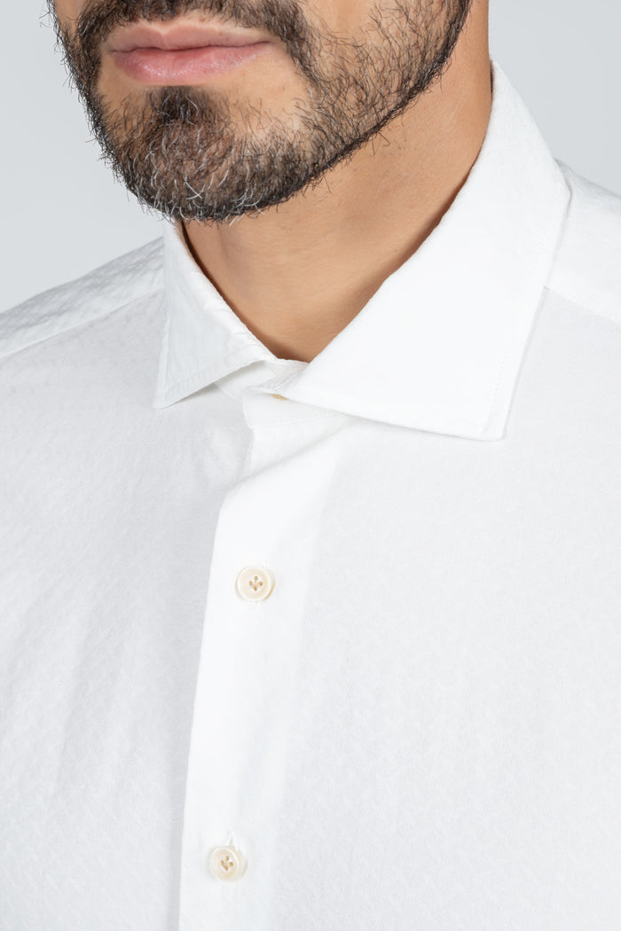 Camisa de hombre Giza Evolution falso liso jacquard marfil, cuello francés