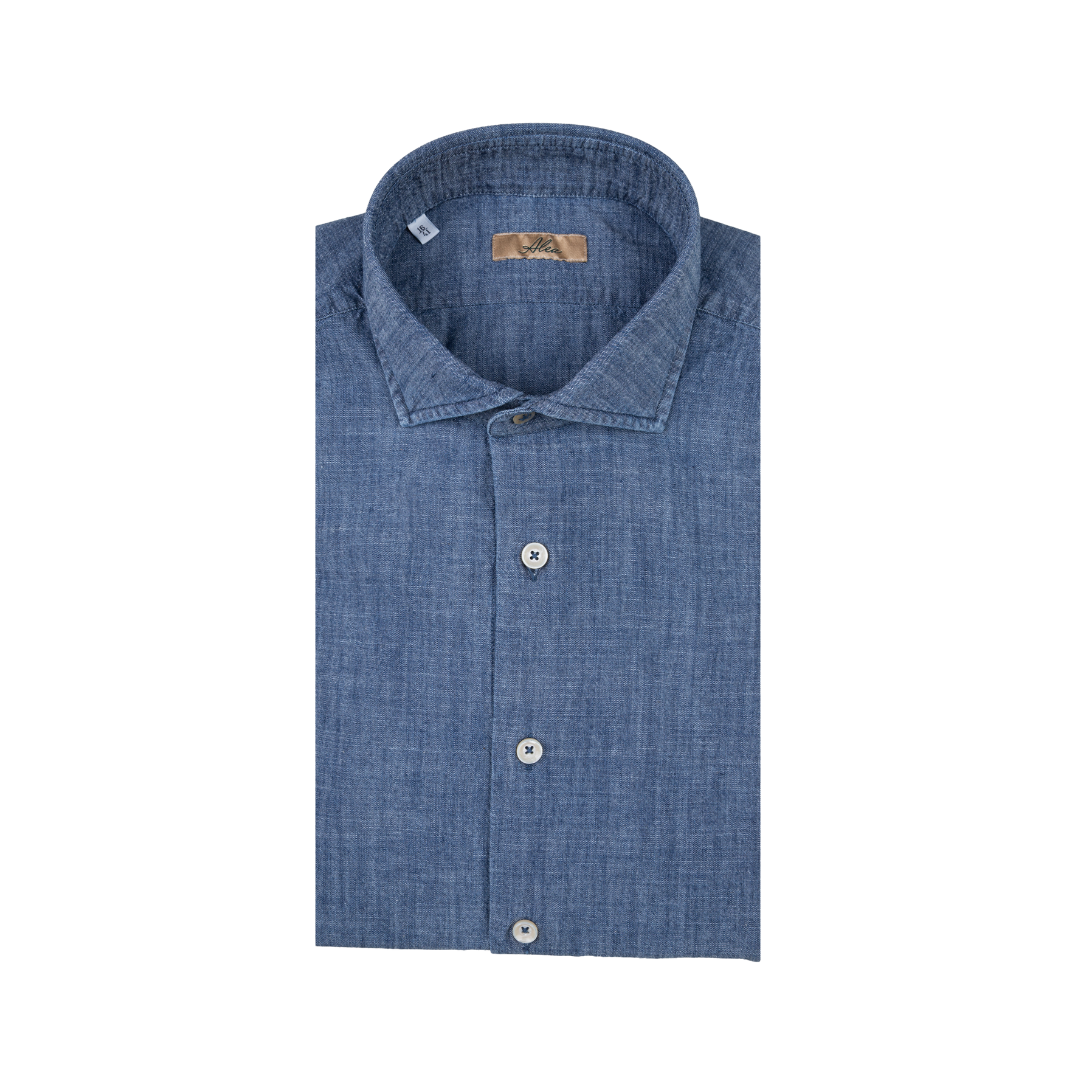 Men's sport shirt in blue denim fabric, French collar