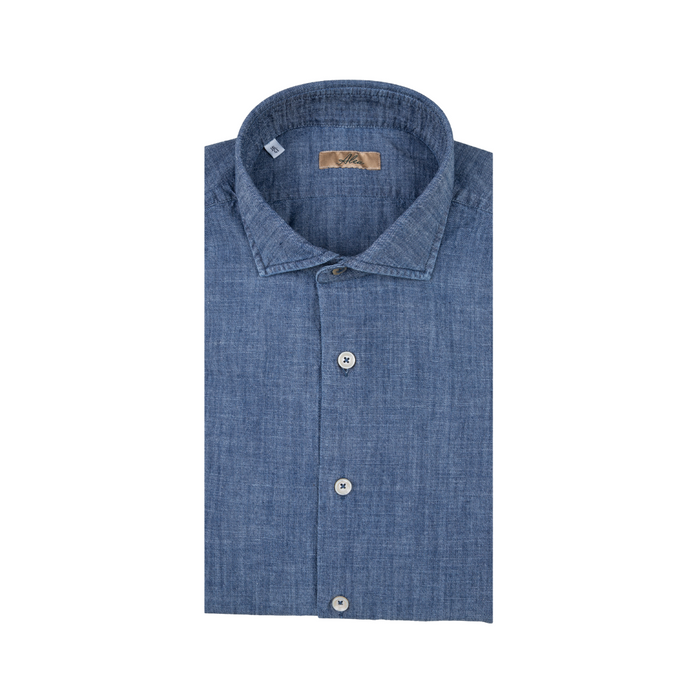 Camisa de hombre sport en tejido denim azul, cuello francés