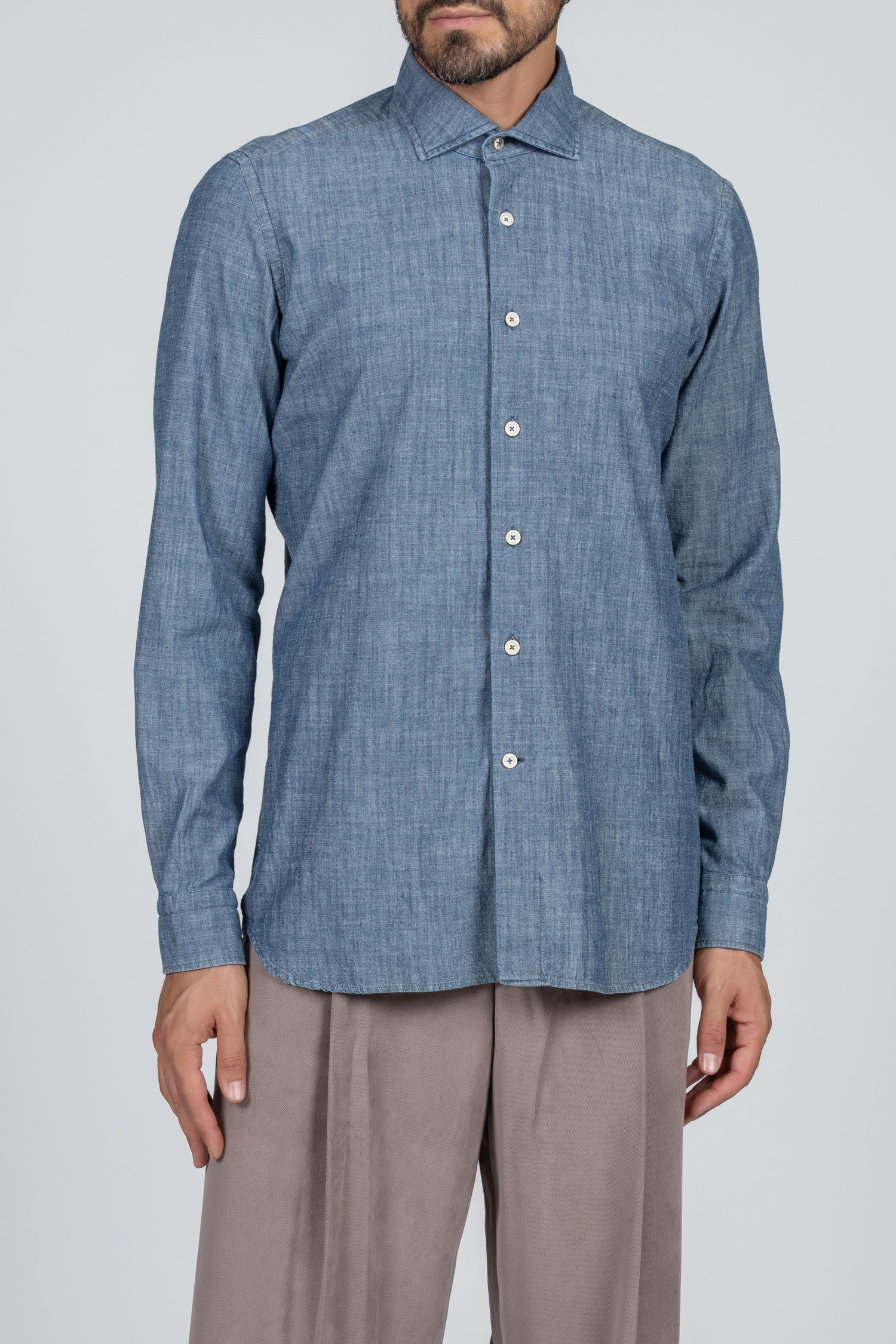 Men's sport shirt in blue denim fabric, French collar
