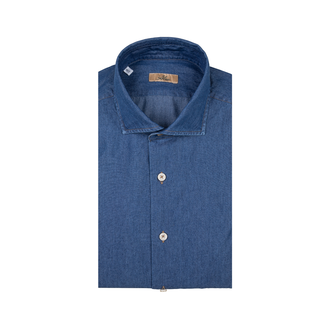 Camicia da uomo sport in tessuto denim e collo francese