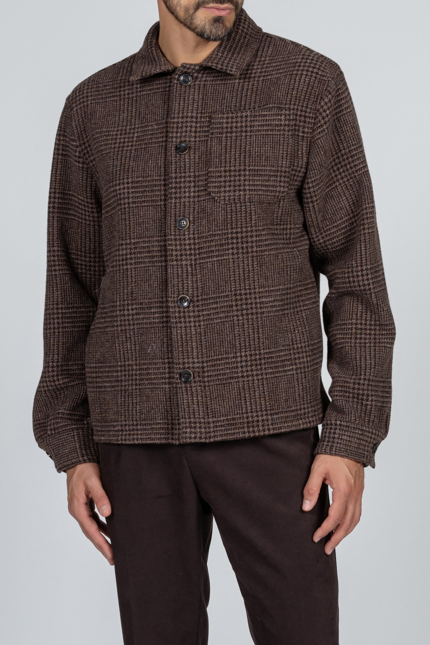 Overshirt da uomo in tessuto marrone 100% lana scozzese