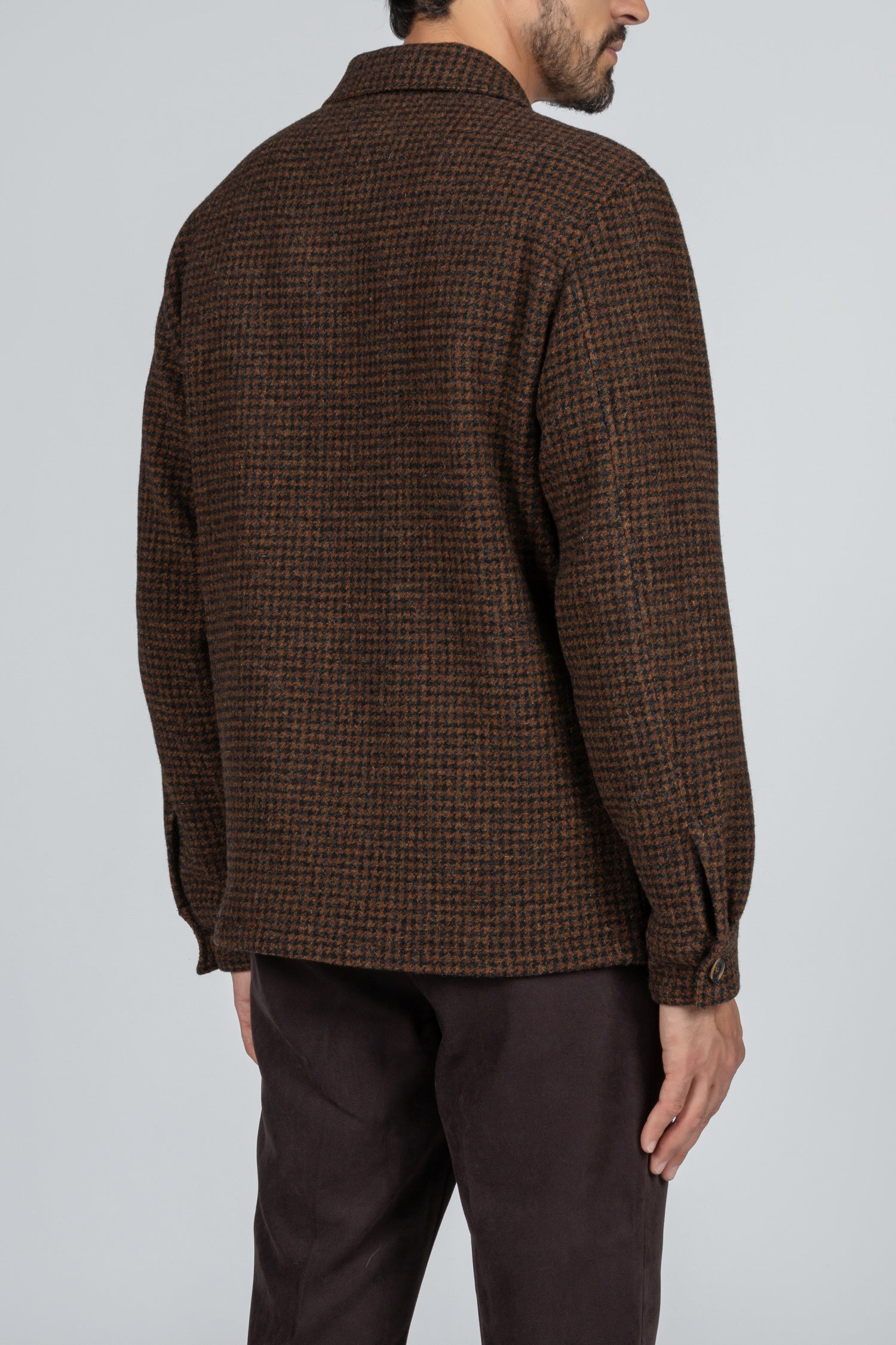 Overshirt da uomo in tessuto marrone 100% lana pied de poule