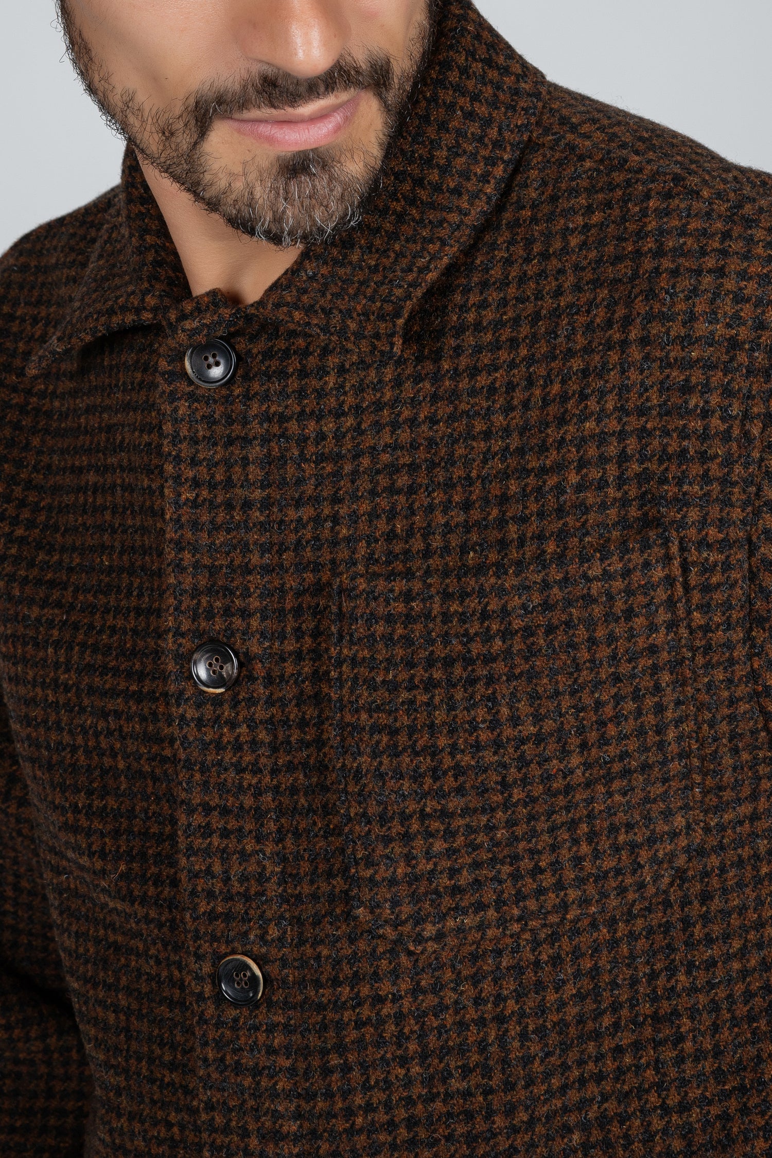 Men's overshirt in brown 100% wool houndstooth fabric