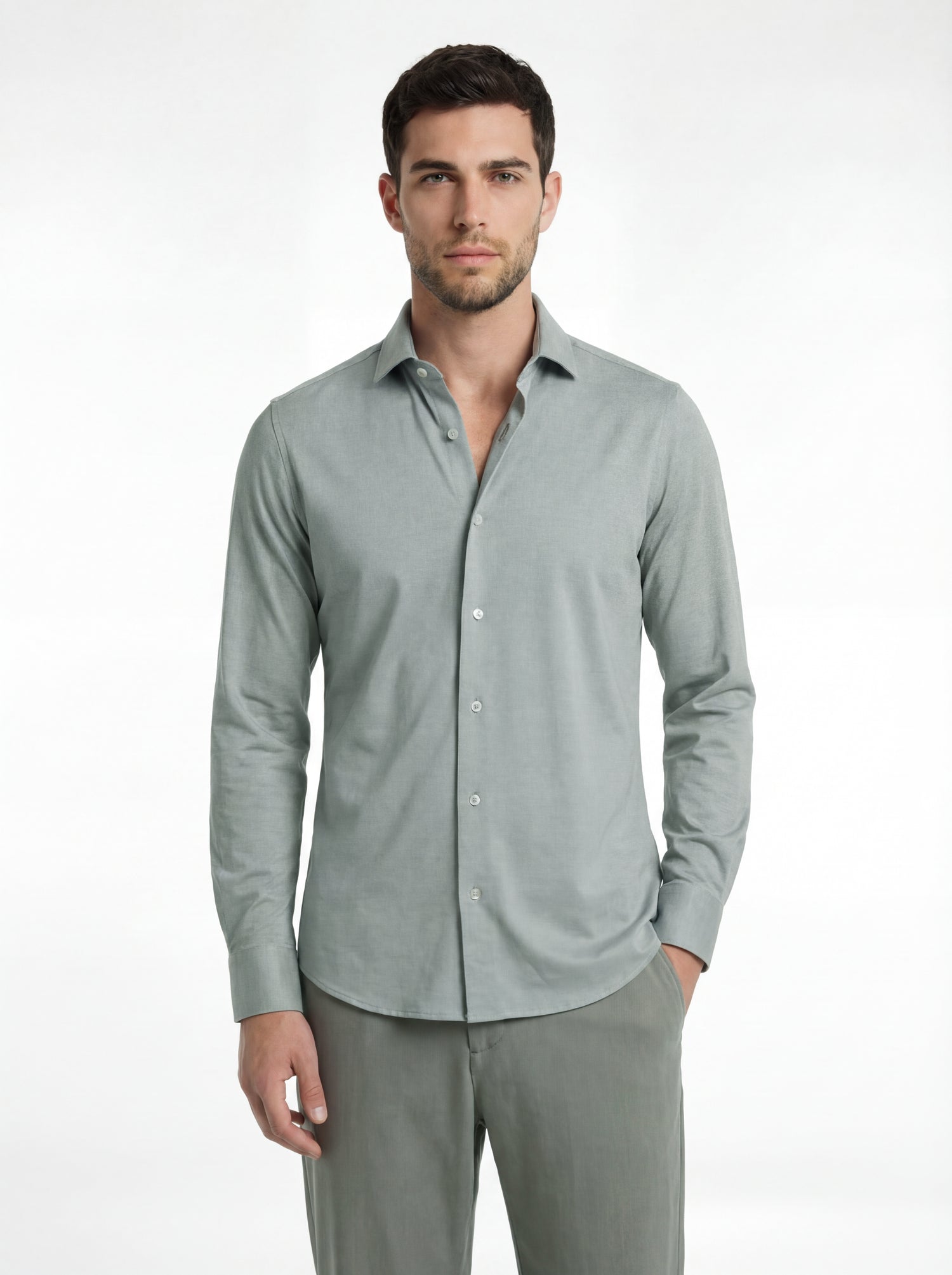 Camicia in tessuto tecnico no stiro beige melange