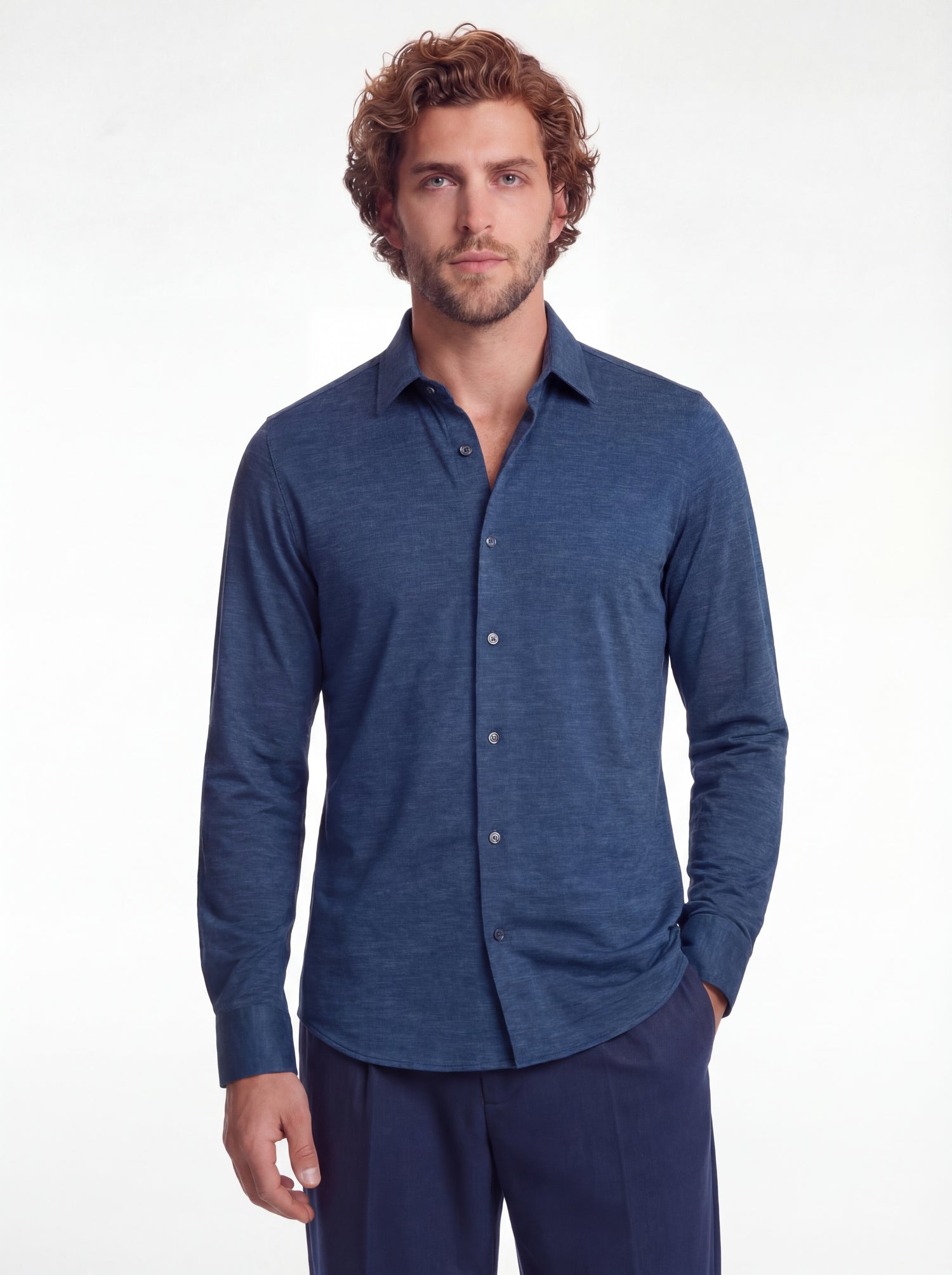 Camicia in tessuto tecnico no stiro blu melange