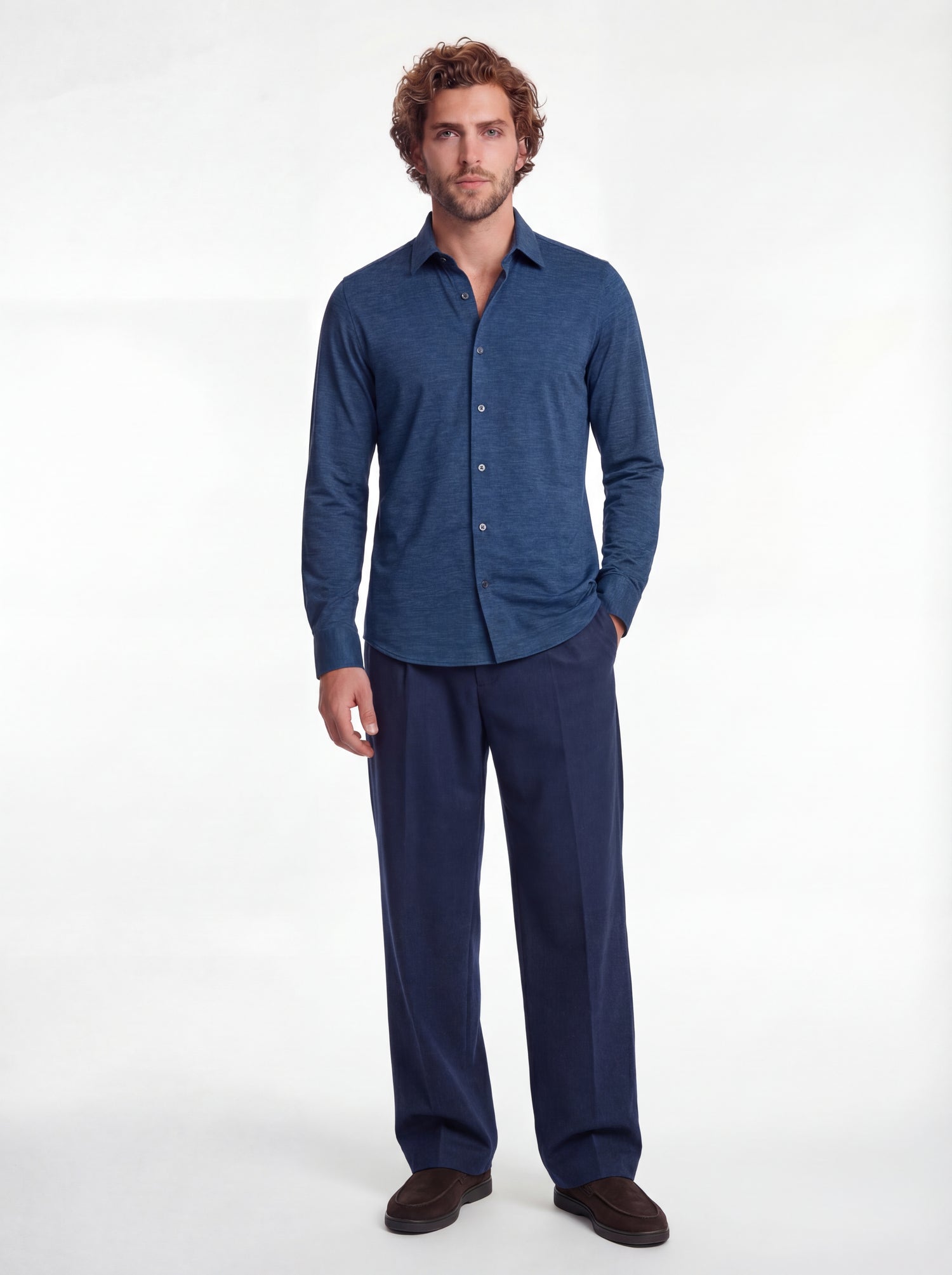 Camicia in tessuto tecnico no stiro blu melange