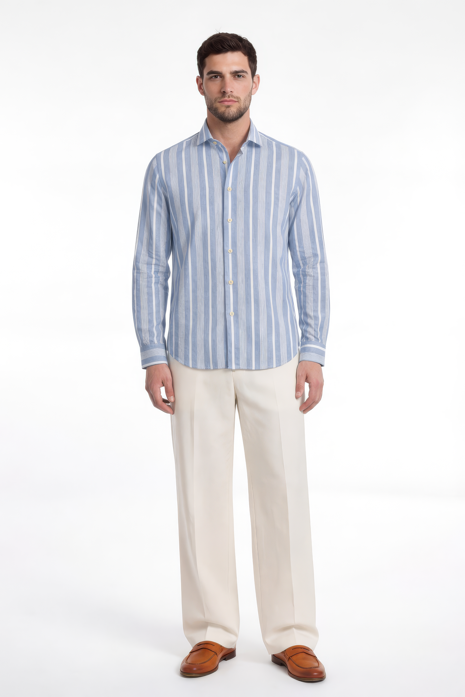 Camicia sportiva in cotone a righe celeste