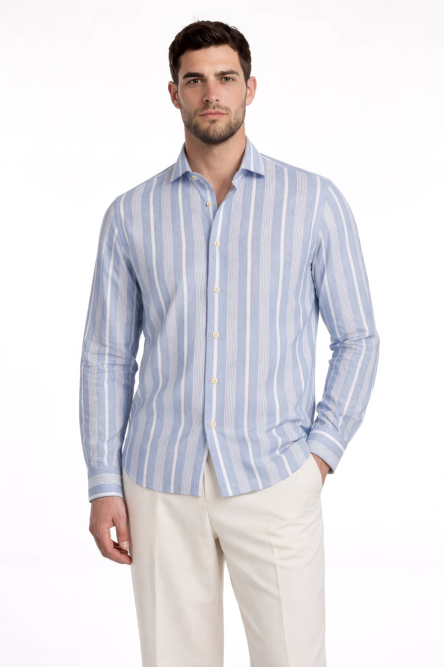 Camicia sportiva in cotone a righe celeste