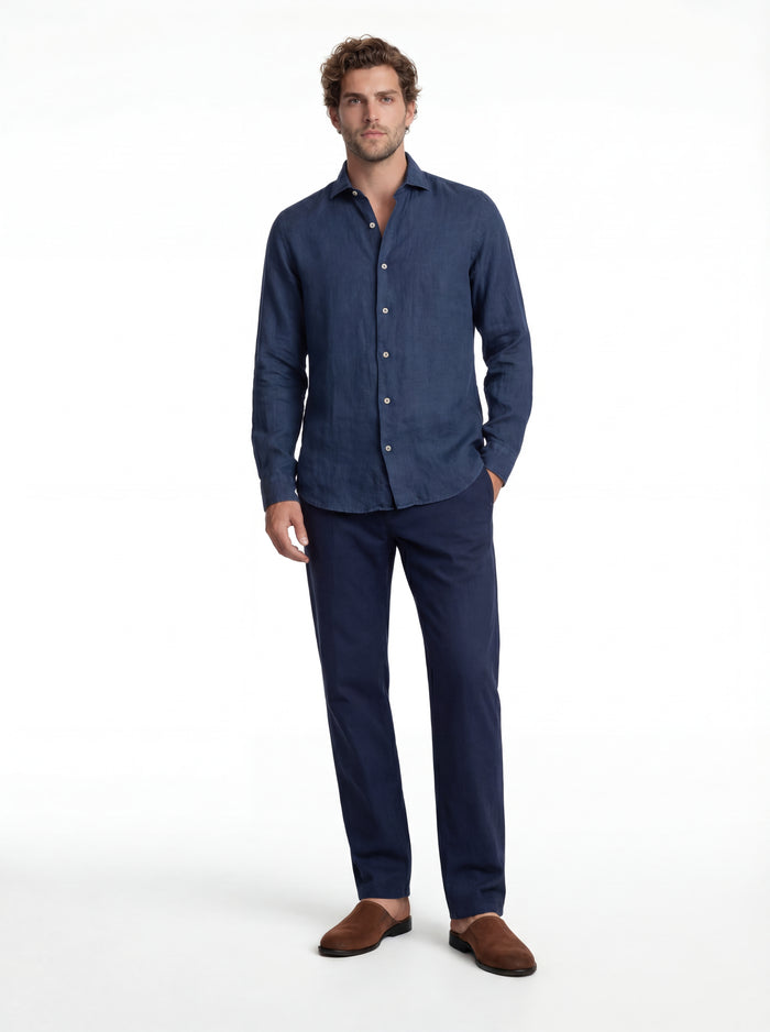 Camisa de lino azul lavado