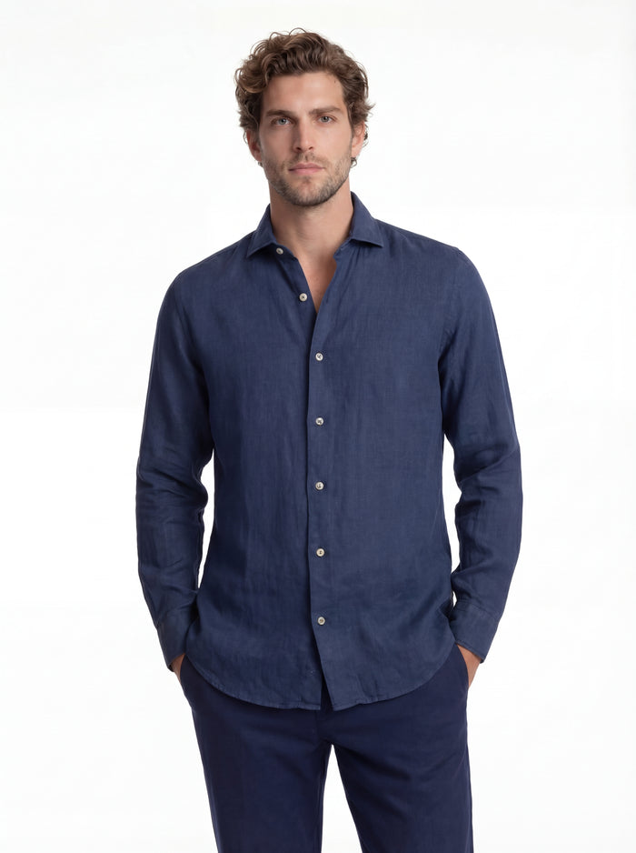 Camisa de lino azul lavado