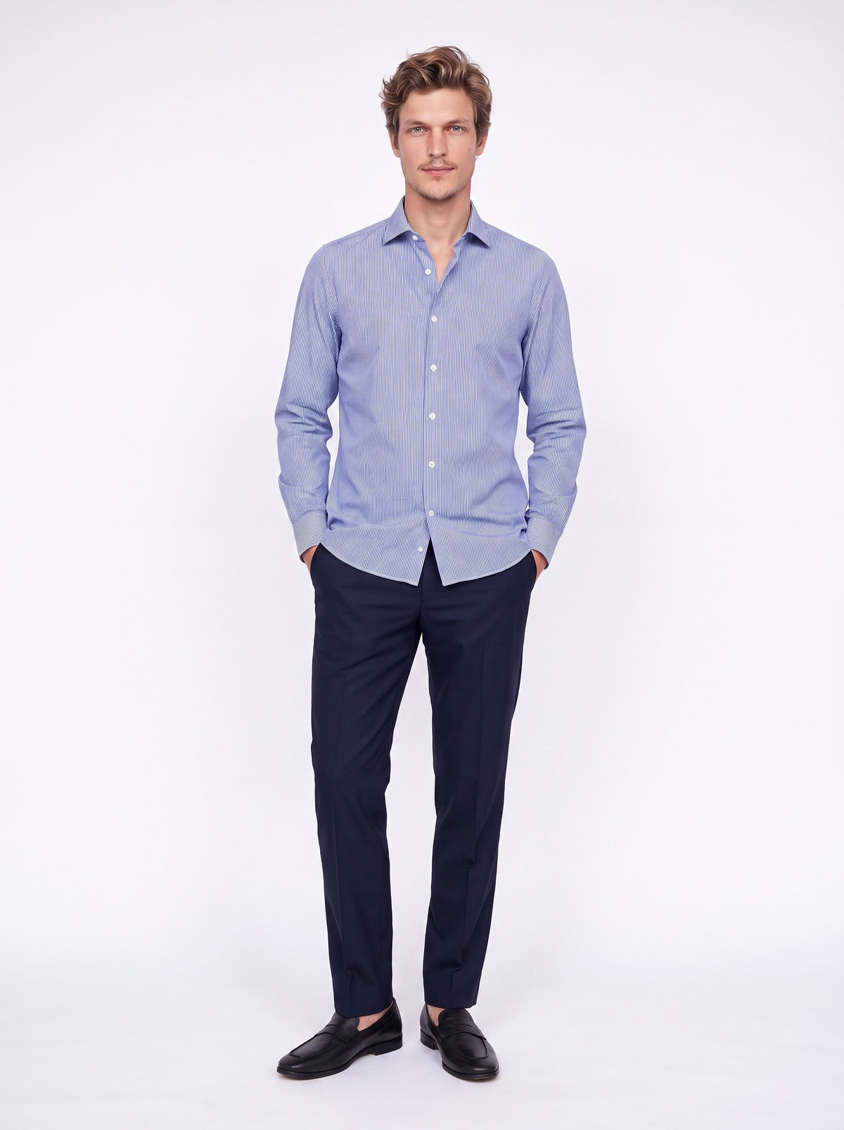Camicia Active microdisegno bianco e blu no stiro