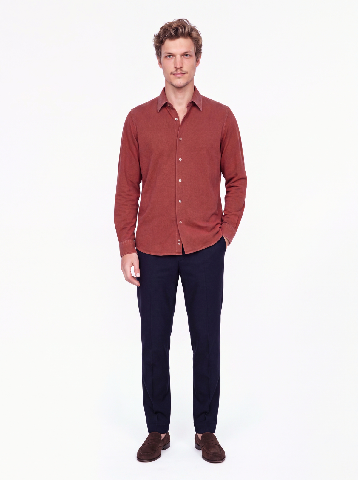 Camicia Active tinta unita colore coccio effetto delave' no stiro