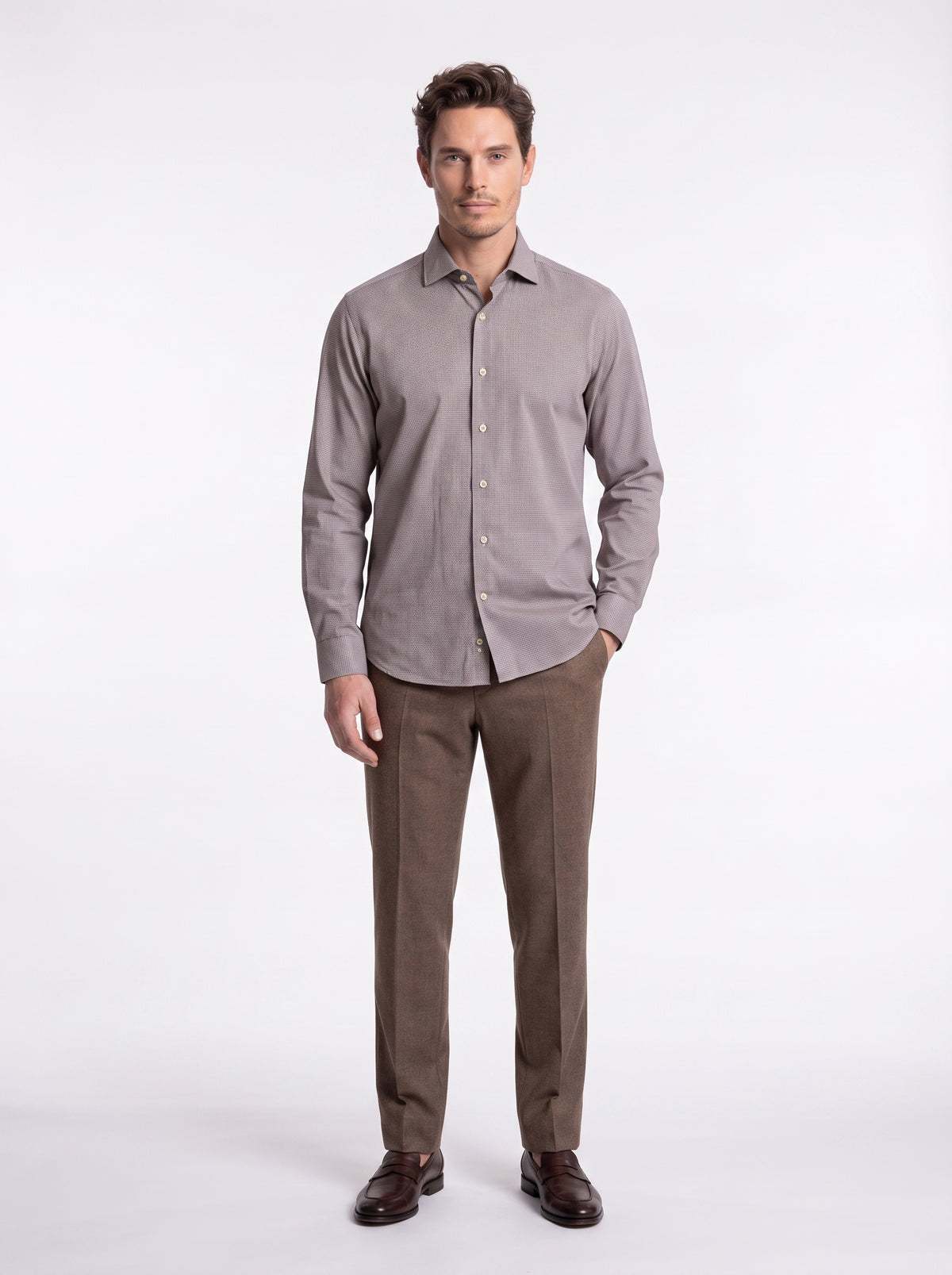 Camicia in cotone microoperato beige/marrone
