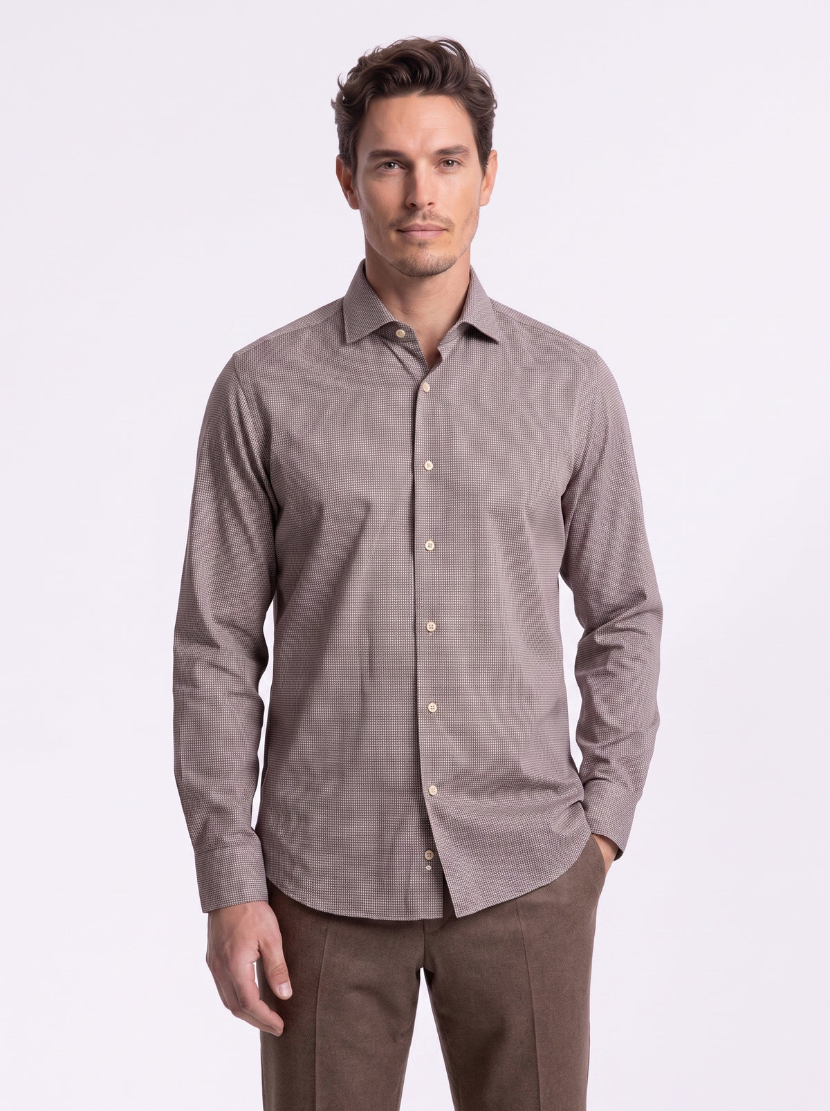 Camicia in cotone microoperato beige/marrone