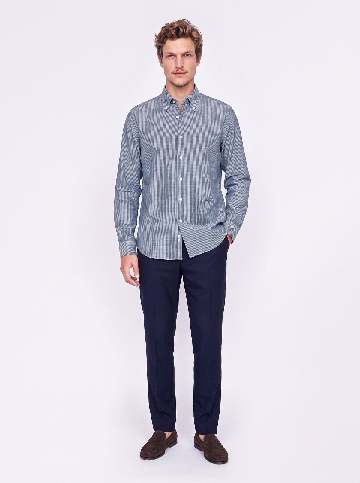 Camicia in flanella effetto indaco gessato blu/bianco