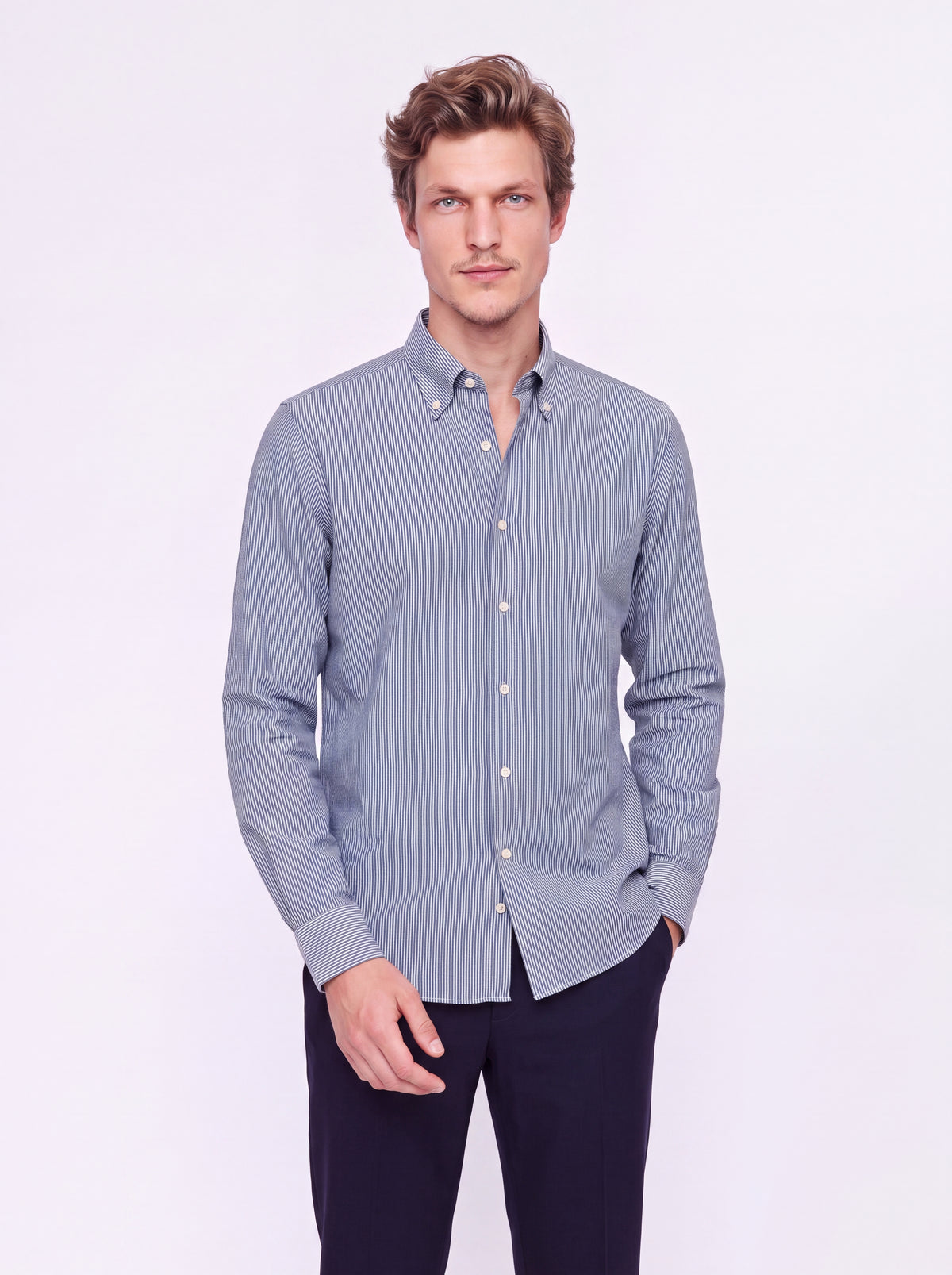 Camicia in flanella effetto indaco gessato blu/bianco