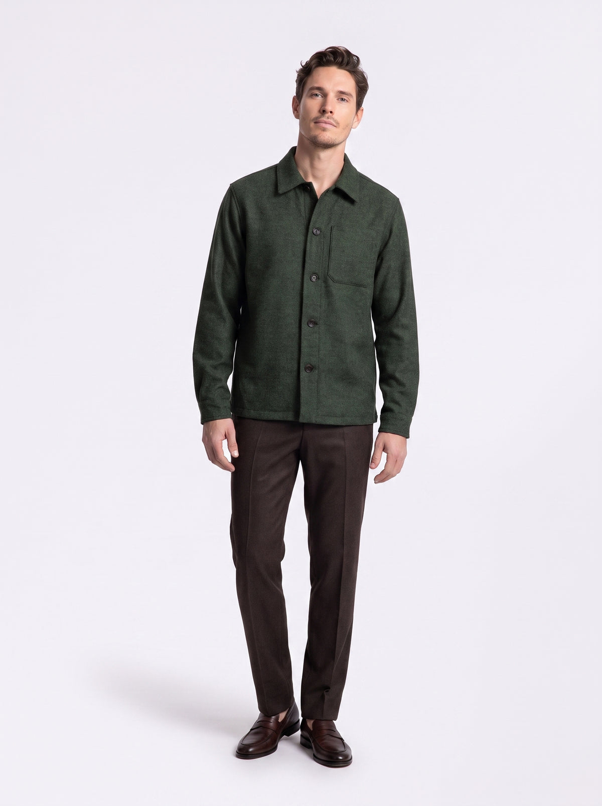 Overshirt in lana schetland lavata verde melange