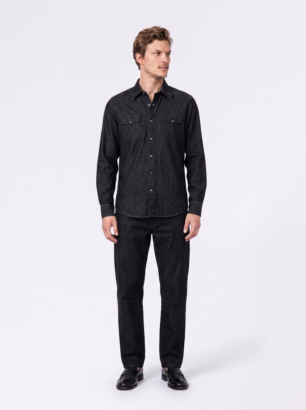 Camicia da uomo in twill denim black stone washed nero