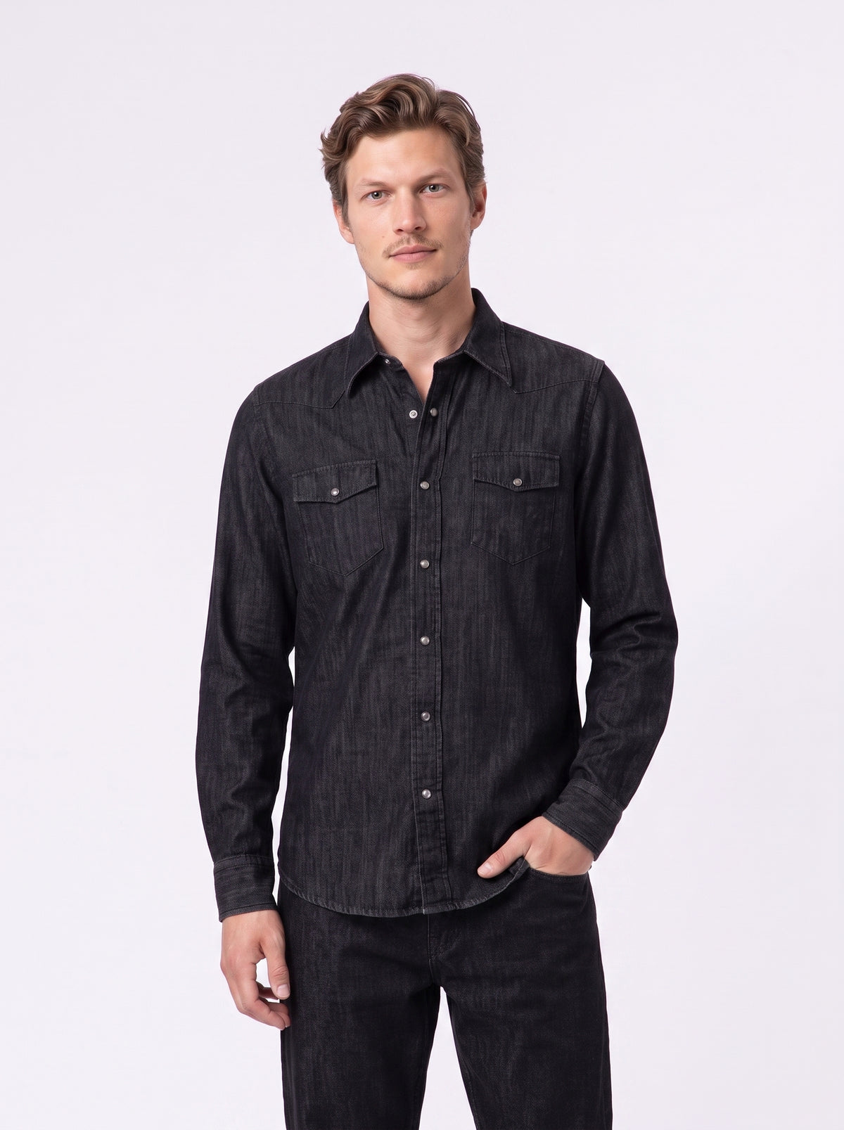Camicia da uomo in twill denim black stone washed nero