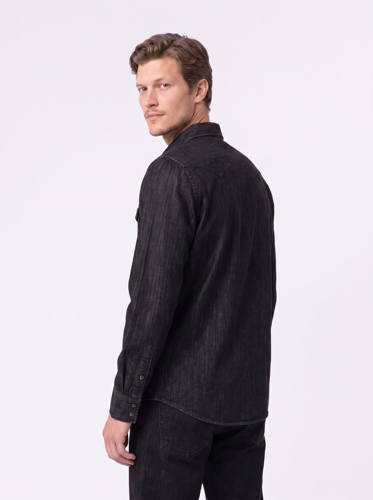 Camicia da uomo in twill denim black stone washed nero