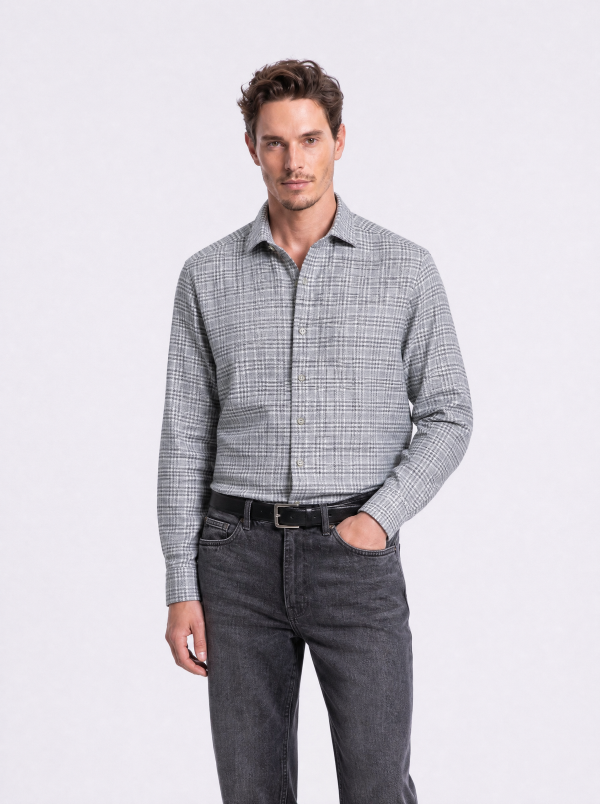 Camicia in flanella effetto check grigio melange