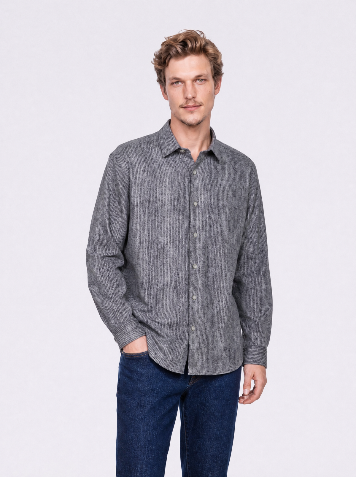 Camicia in flanella doppia stampa effetto gessato grigio