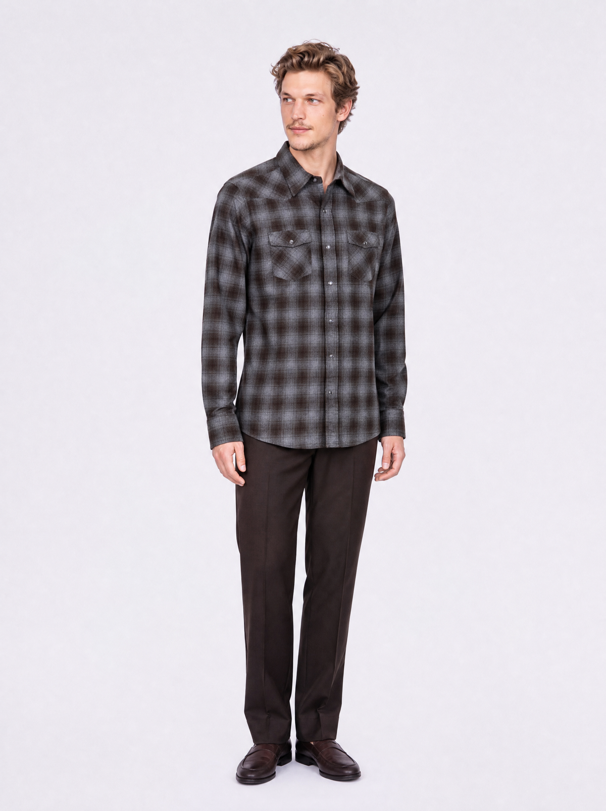 Camicia modello texana a quadri grigio melange e marrone