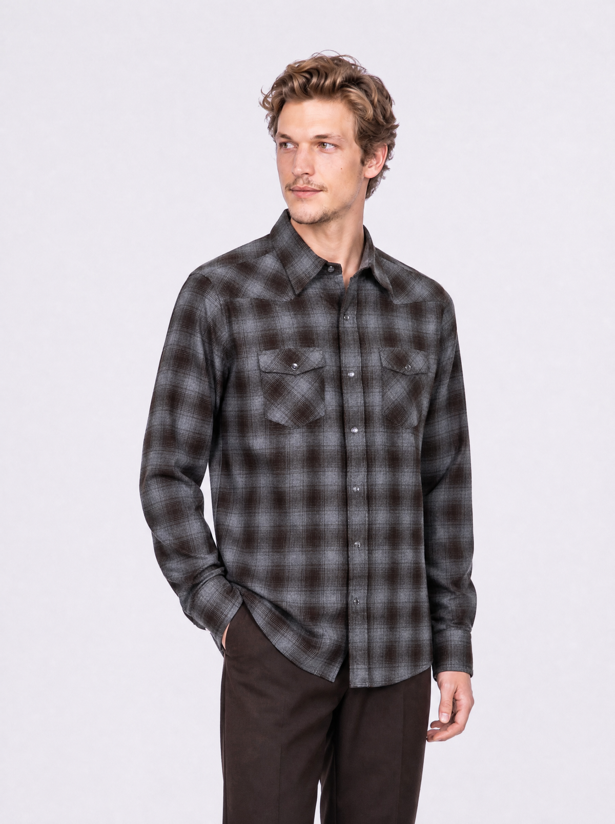 Camicia modello texana a quadri grigio melange e marrone