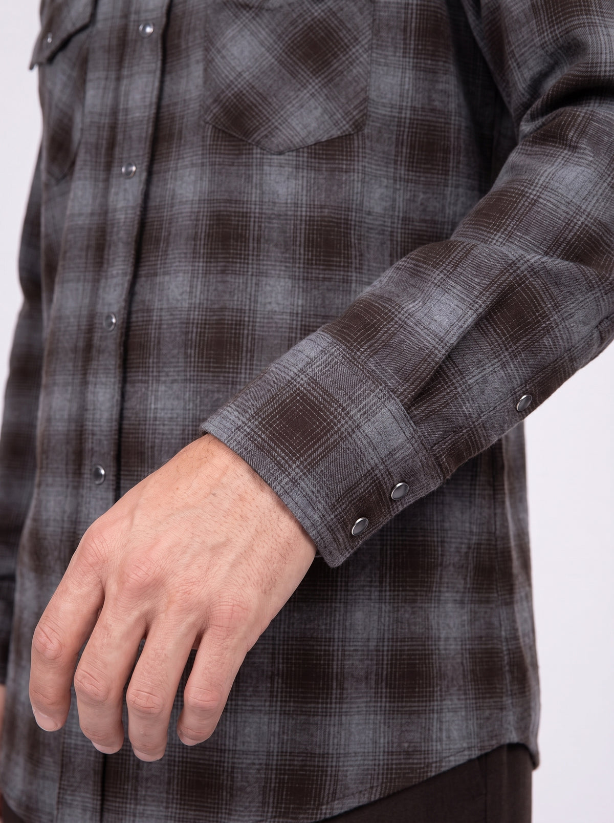 Camicia modello texana a quadri grigio melange e marrone