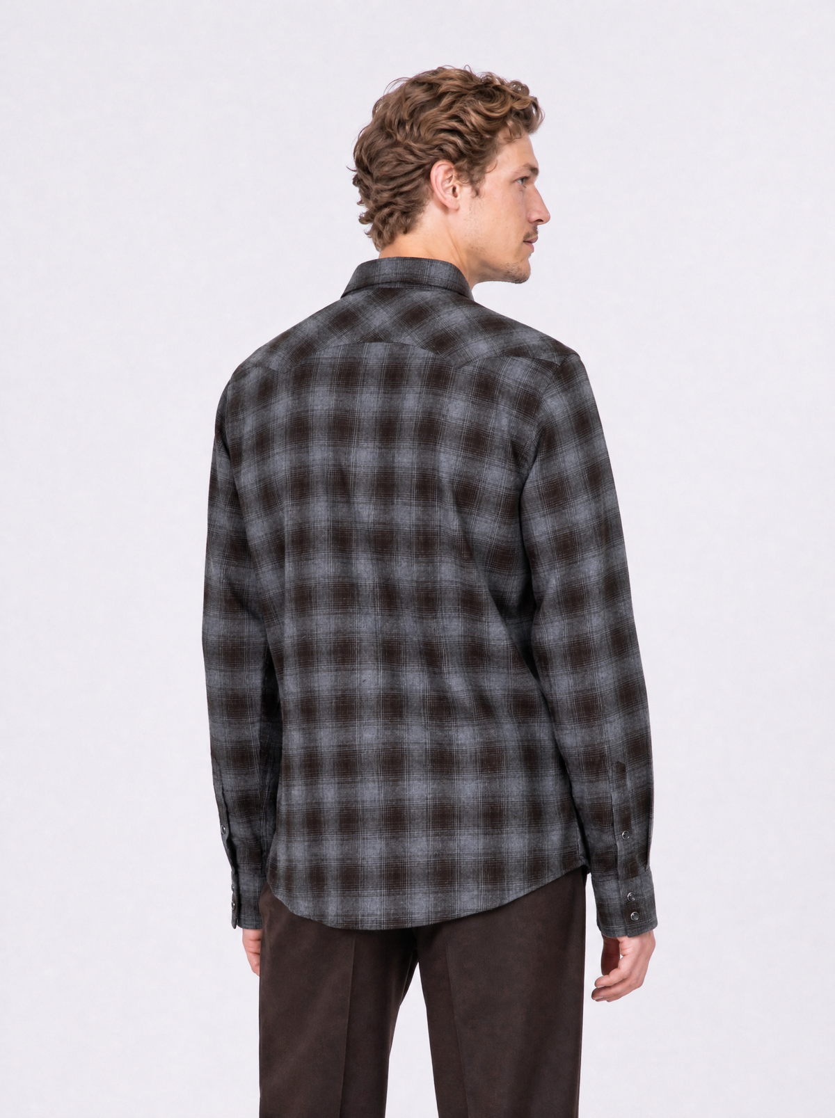 Camicia modello texana a quadri grigio melange e marrone