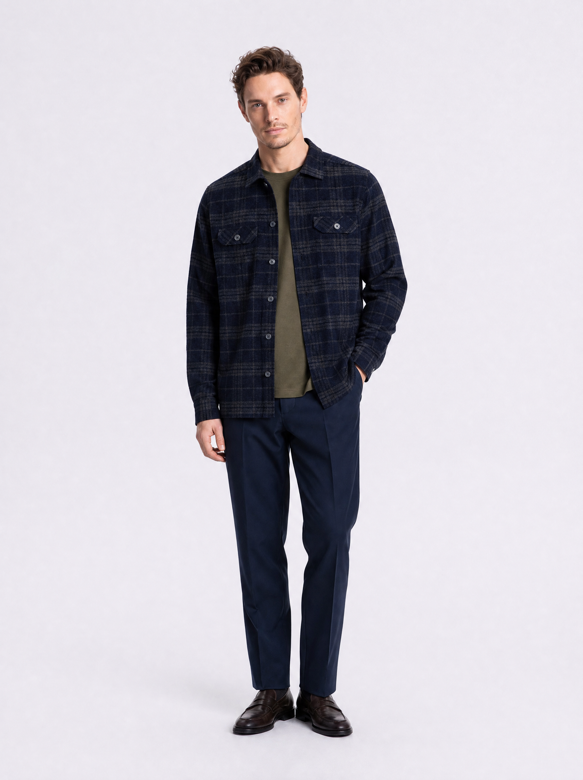 Overshirt con tasche e pattine effetto quadro melange  blu/grigio