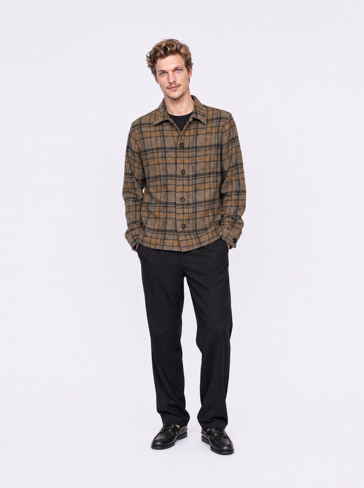 Overshirt in lana schetland lavata a quadri marrone grigio