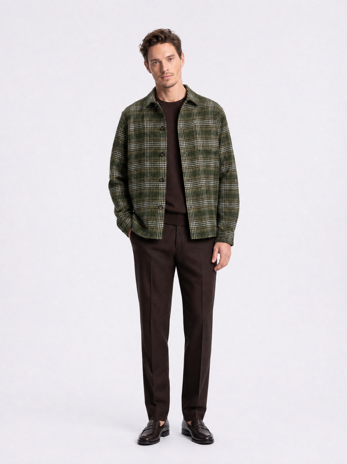 Overshirt in lana schetland lavata a quadri verde beige e grigio