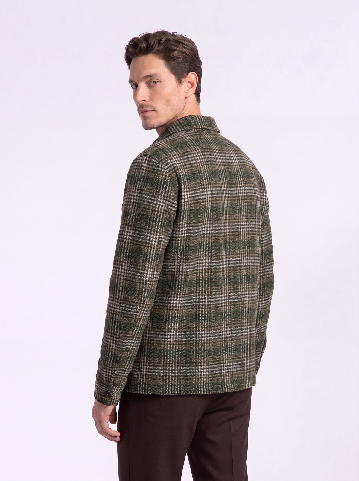 Overshirt in lana schetland lavata a quadri verde beige e grigio