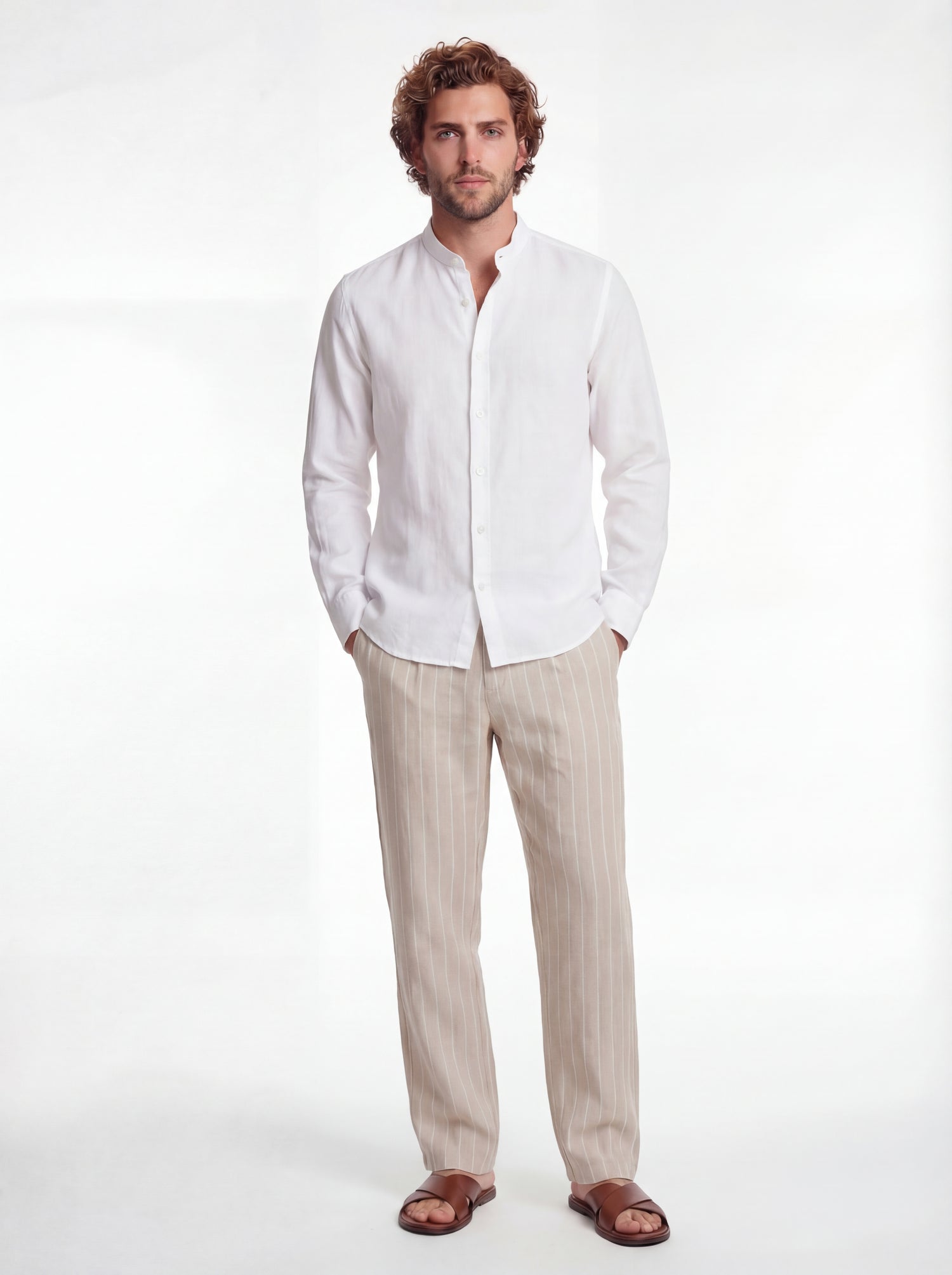 Camicia lino bianco washed collo coreano