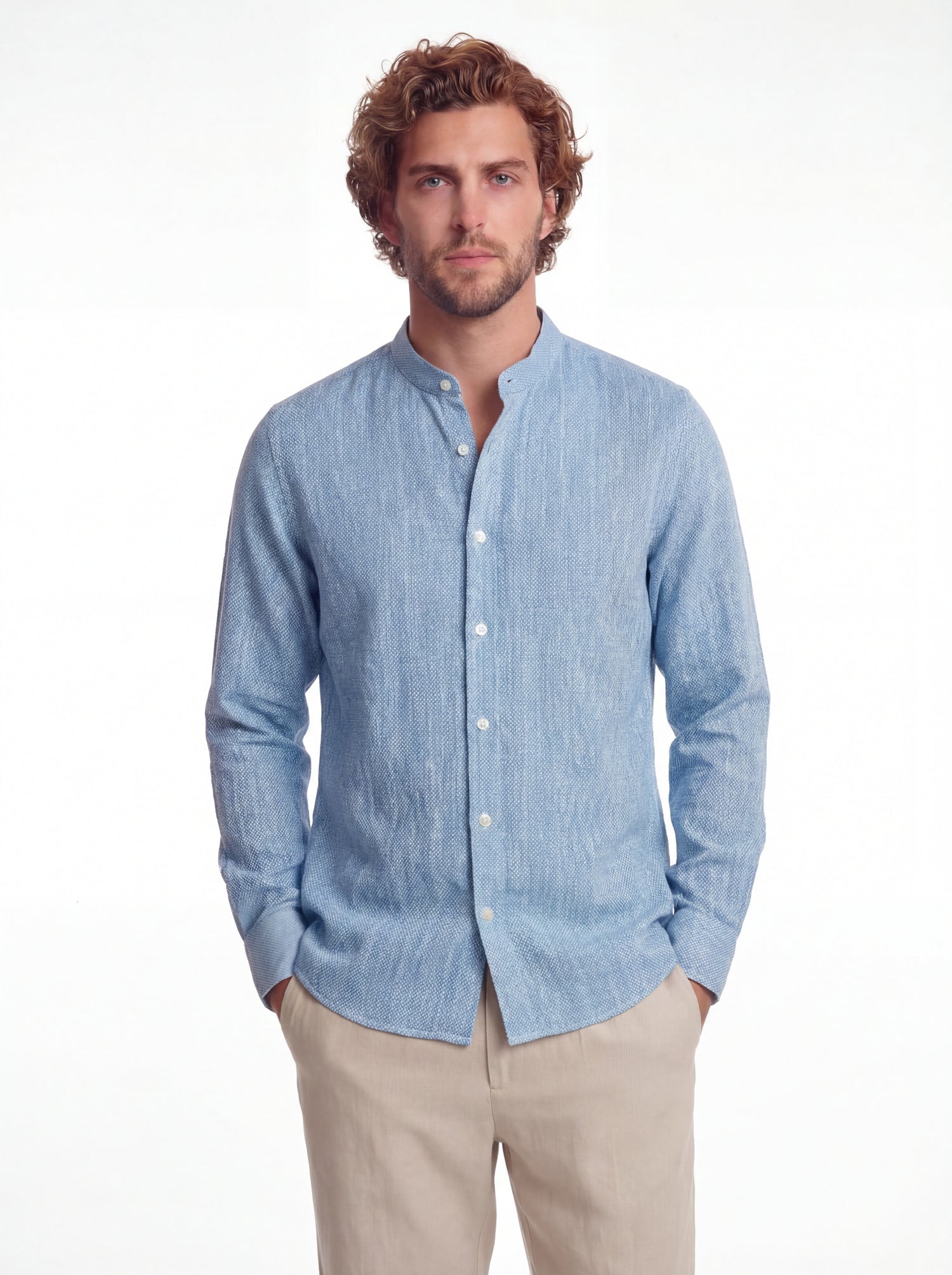 Camicia lino celeste washed collo coreano