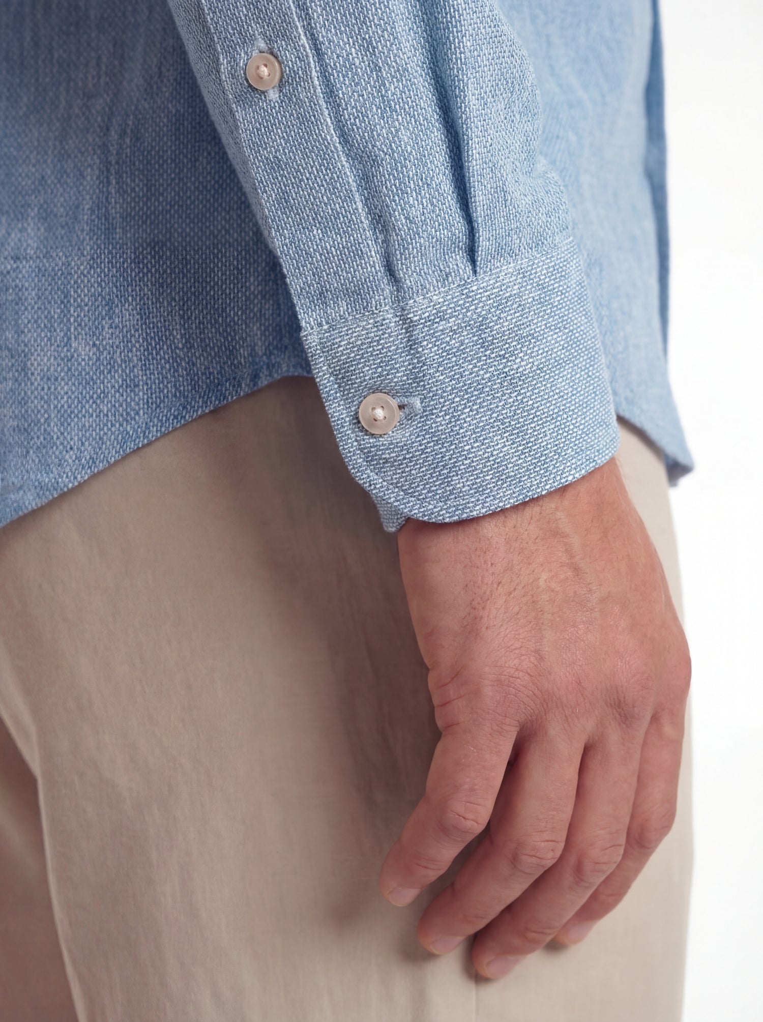 Camicia lino celeste washed collo coreano