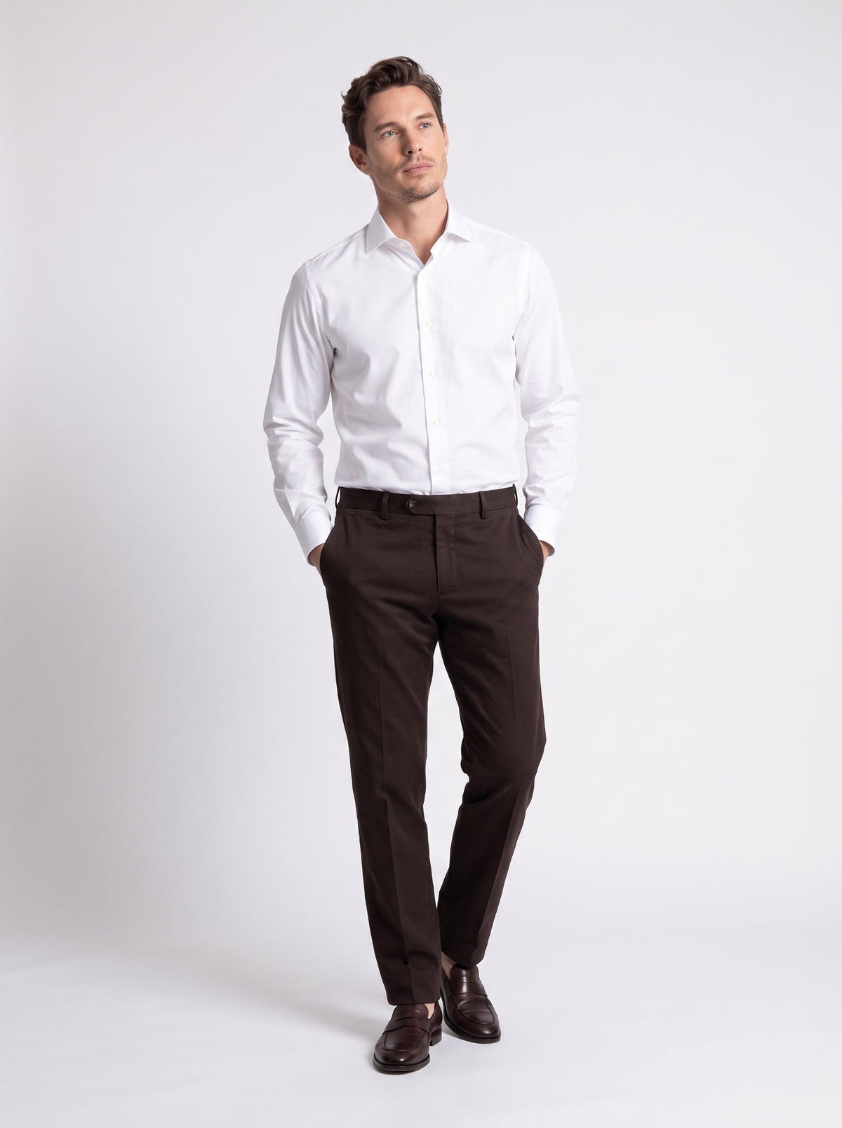 White compact spun cotton twill shirt with French collar and comfort fit