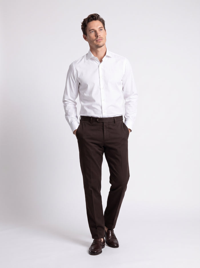 White compact spun cotton twill shirt with French collar and comfort fit